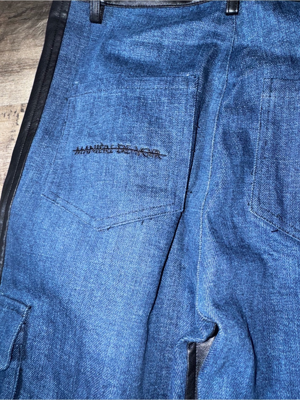 Maniere De Voir Denim Leather Biker Cargo Pants Sz 2 UK 6 Moto Patchwork - Picture 13 of 14